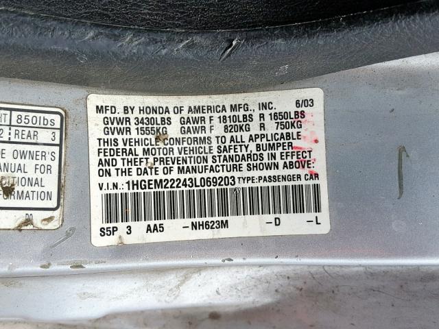 1HGEM22243L069203 - 2003 HONDA CIVIC DX SILVER photo 10