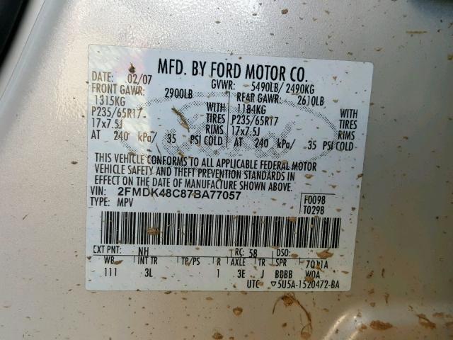 2FMDK48C87BA77057 - 2007 FORD EDGE SEL BEIGE photo 10