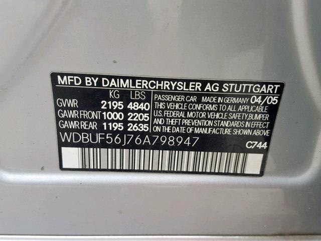 WDBUF56J76A798947 - 2006 MERCEDES-BENZ E 350 SILVER photo 10