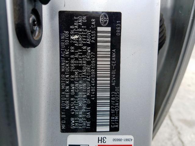 4T4BE46K09R109477 - 2009 TOYOTA CAMRY BASE  photo 10