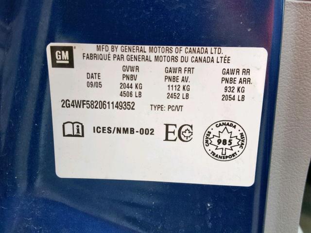 2G4WF582061149352 - 2006 BUICK ALLURE CX BLUE photo 10