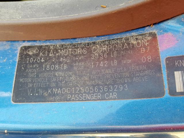 KNADC125056363293 - 2005 KIA RIO BLUE photo 10