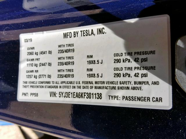 5YJ3E1EA6KF301138 - 2019 TESLA MODEL 3 BLUE photo 10