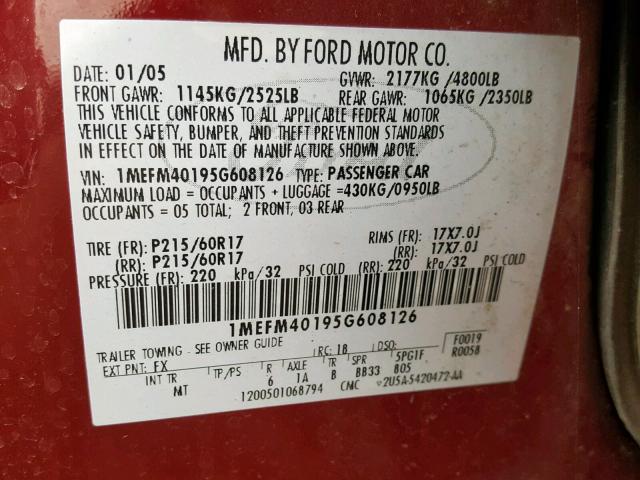 1MEFM40195G608126 - 2005 MERCURY MONTEGO LU BURGUNDY photo 10