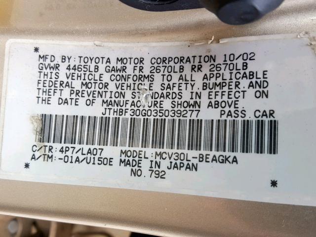 JTHBF30G035039277 - 2003 LEXUS ES 300 GOLD photo 10