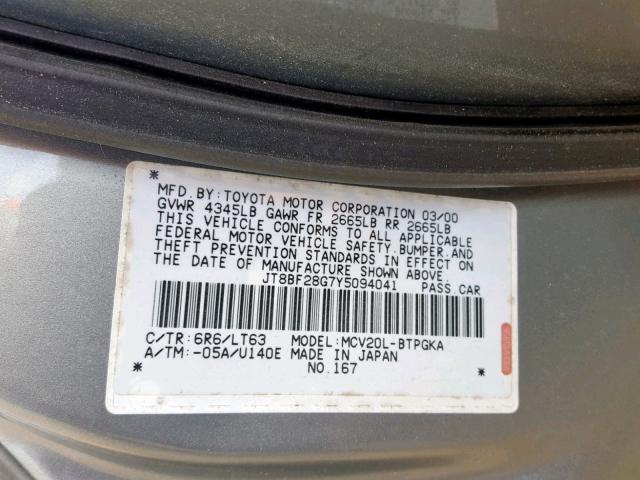 JT8BF28G7Y5094041 - 2000 LEXUS ES 300 GRAY photo 10