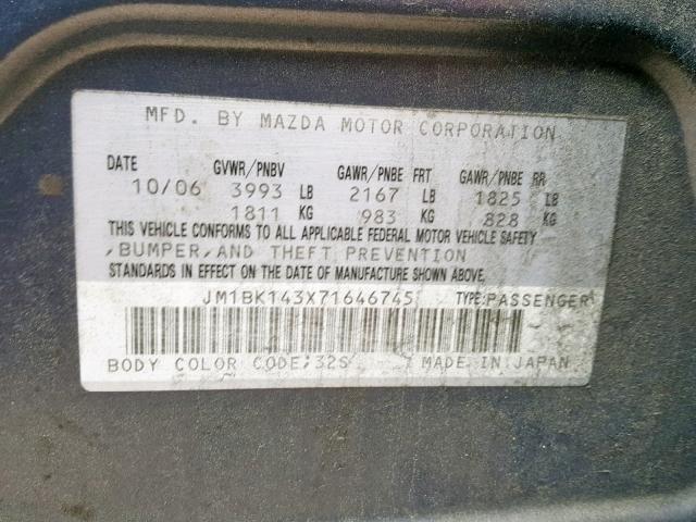 JM1BK143X71646745 - 2007 MAZDA 3 HATCHBAC GRAY photo 10