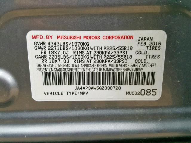 JA4AP3AW5GZ030728 - 2016 MITSUBISHI OUTLANDER GRAY photo 10