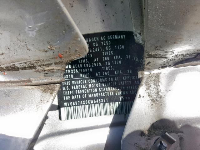 WVGBV7AX5CW545381 - 2012 VOLKSWAGEN TIGUAN S SILVER photo 10