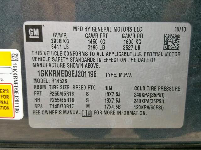 1GKKRNED9EJ201196 - 2014 GMC ACADIA SLE GRAY photo 10