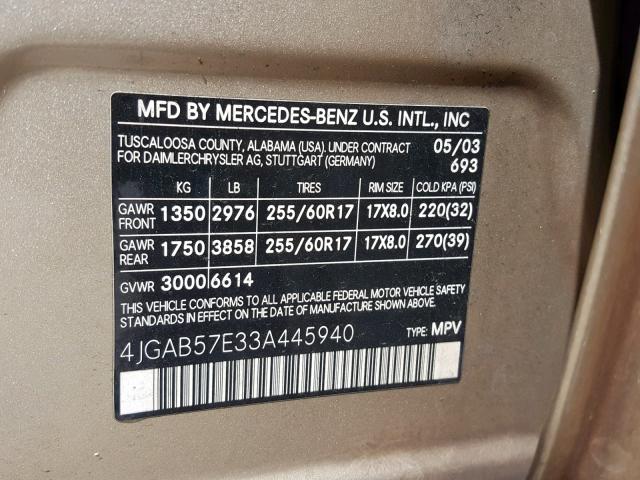 4JGAB57E33A445940 - 2003 MERCEDES-BENZ ML 350 GOLD photo 10