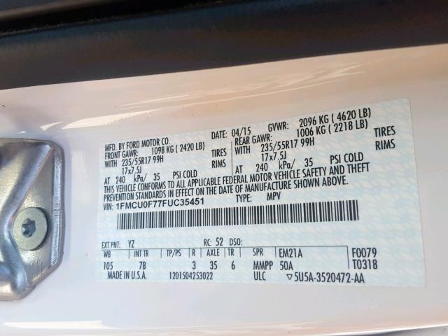 1FMCU0F77FUC35451 - 2015 FORD ESCAPE S WHITE photo 10