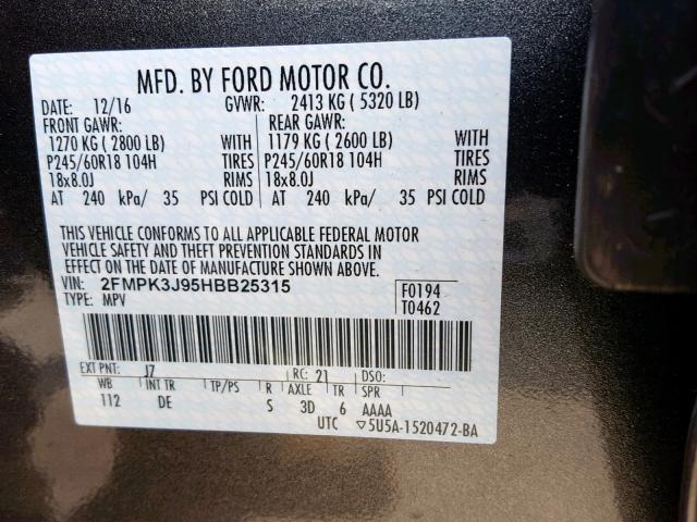 2FMPK3J95HBB25315 - 2017 FORD EDGE SEL CHARCOAL photo 10