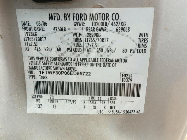 1FTWF30P06ED95722 - 2006 FORD F350 SRW S GRAY photo 10