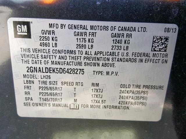 2GNALDEK5D6428275 - 2013 CHEVROLET EQUINOX LT BLACK photo 10