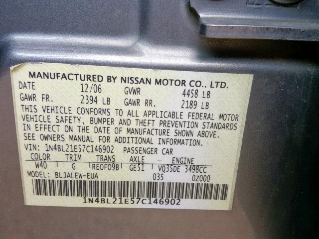 1N4BL21E57C146902 - 2007 NISSAN ALTIMA 3.5 GRAY photo 10