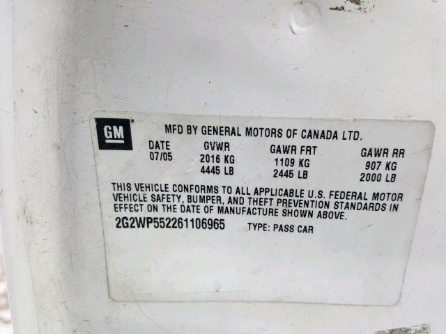 2G2WP552261106965 - 2006 PONTIAC GRAND PRIX WHITE photo 10