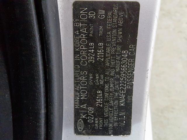 KNAFE222595663048 - 2009 KIA SPECTRA EX SILVER photo 10