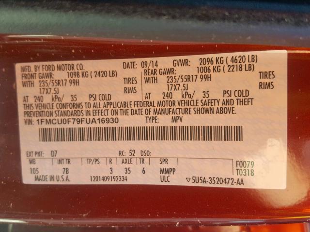 1FMCU0F79FUA16930 - 2015 FORD ESCAPE S ORANGE photo 10