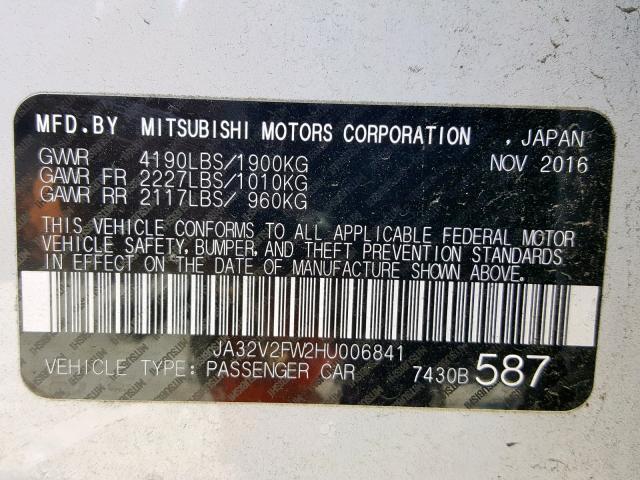 JA32V2FW2HU006841 - 2017 MITSUBISHI LANCER ES WHITE photo 10