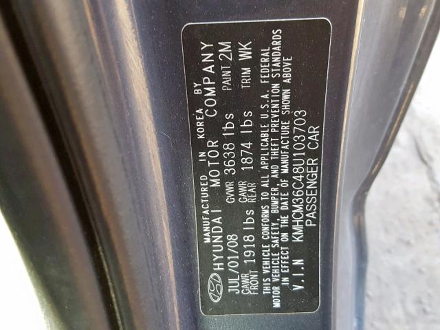 KMHCM36C48U103703 - 2008 HYUNDAI ACCENT GS GRAY photo 10