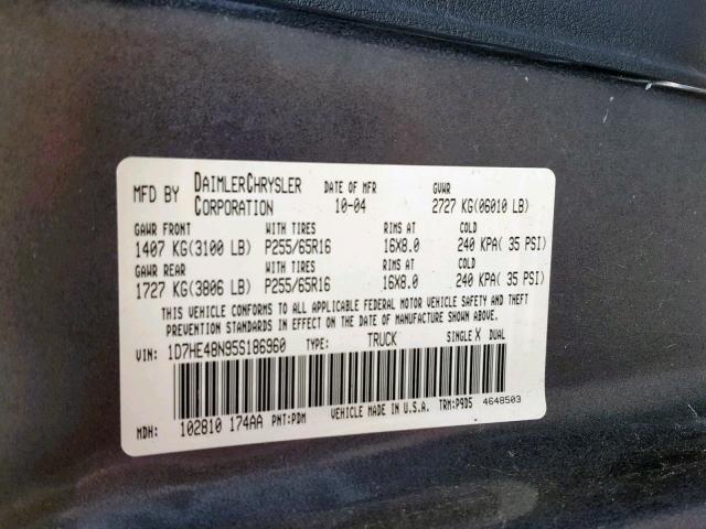 1D7HE48N95S186960 - 2005 DODGE DAKOTA QUA GRAY photo 10