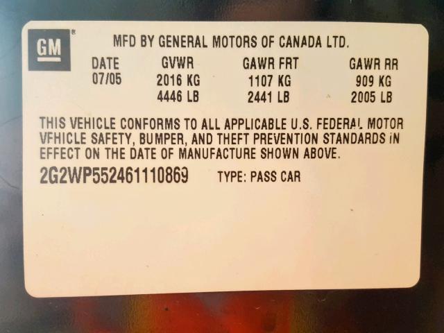 2G2WP552461110869 - 2006 PONTIAC GRAND PRIX BLACK photo 10