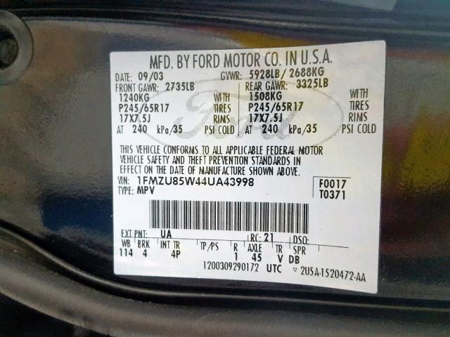 1FMZU85W44UA43998 - 2004 FORD EXPLORER L BLACK photo 10