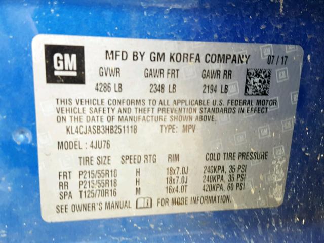 KL4CJASB3HB251118 - 2017 BUICK ENCORE PRE BLUE photo 10