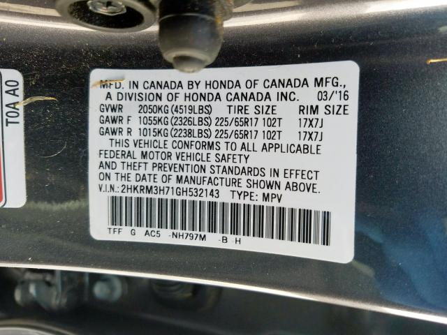 2HKRM3H71GH532143 - 2016 HONDA CR-V EXL  photo 10