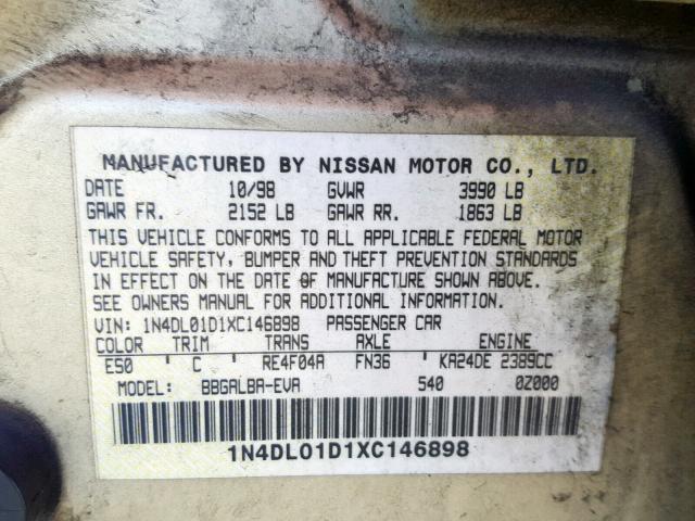 1N4DL01D1XC146898 - 1999 NISSAN ALTIMA XE TAN photo 10