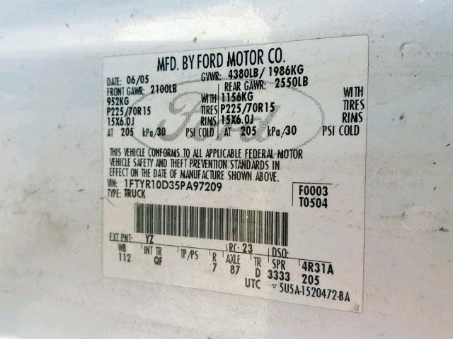 1FTYR10D35PA97209 - 2005 FORD RANGER WHITE photo 10