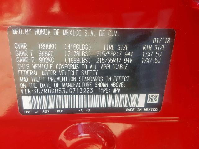 3CZRU6H53JG713223 - 2018 HONDA HR-V EX RED photo 10