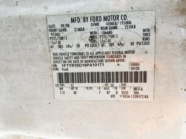 1FTYR10D19PA10171 - 2009 FORD RANGER WHITE photo 10