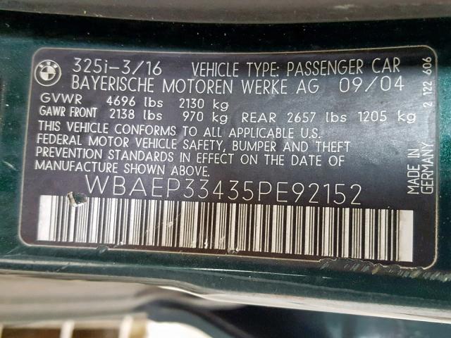 WBAEP33435PE92152 - 2005 BMW 325 XIT GREEN photo 10