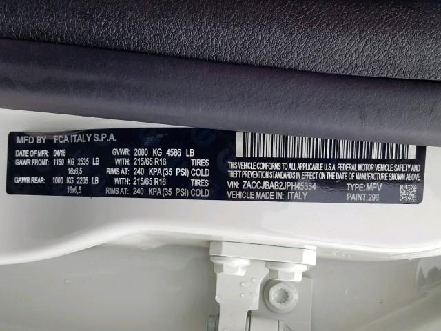 ZACCJBAB2JPH45334 - 2018 JEEP RENEGADE S 白色 照片 10