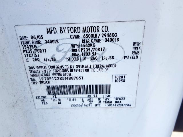 1FTRF122X5NB87851 - 2005 FORD F150  photo 10