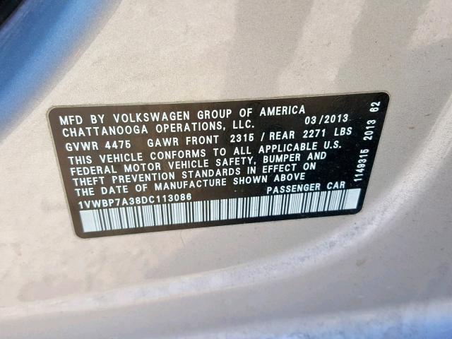 1VWBP7A38DC113086 - 2013 VOLKSWAGEN PASSAT SE SILVER photo 10