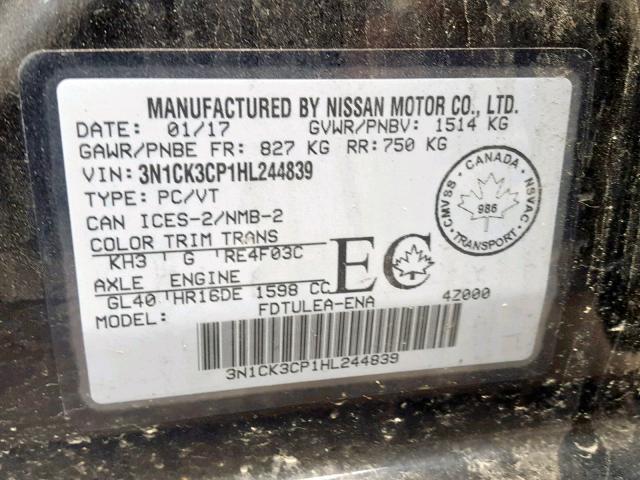 3N1CK3CP1HL244839 - 2017 NISSAN MICRA BLACK photo 10