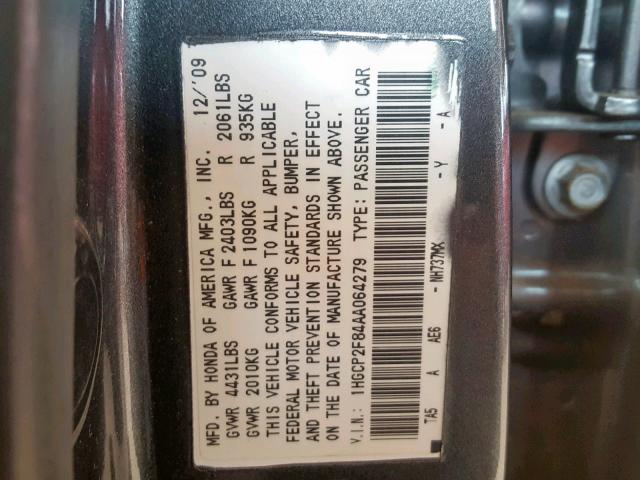 1HGCP2F84AA064279 - 2010 HONDA ACCORD EXL CHARCOAL photo 10