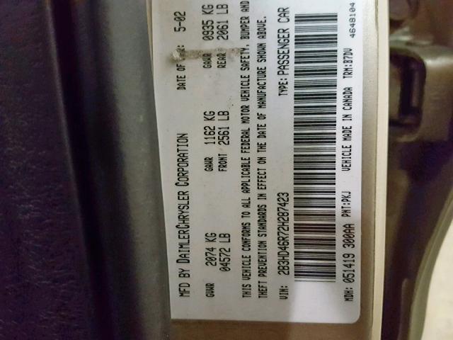 2B3HD46R72H287423 - 2002 DODGE INTREPID S 金色 照片 10