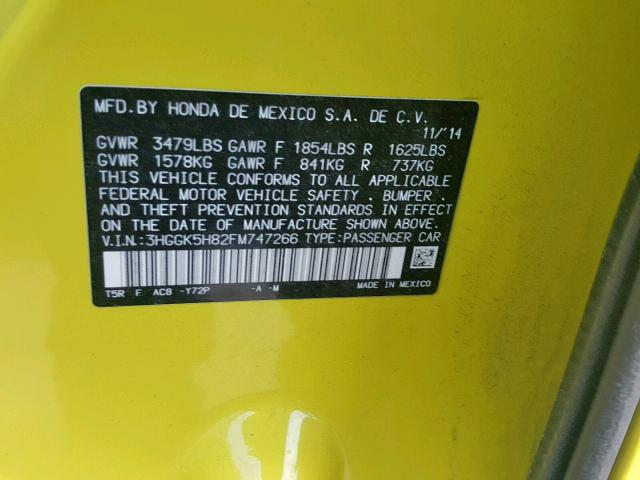 3HGGK5H82FM747266 - 2015 HONDA FIT EX YELLOW photo 10