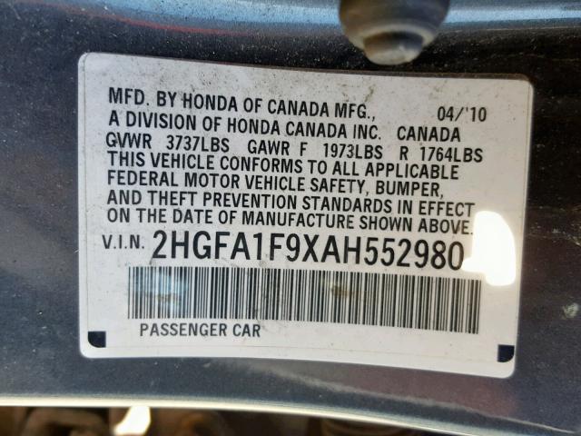 2HGFA1F9XAH552980 - 2010 HONDA CIVIC EXL GRAY photo 10