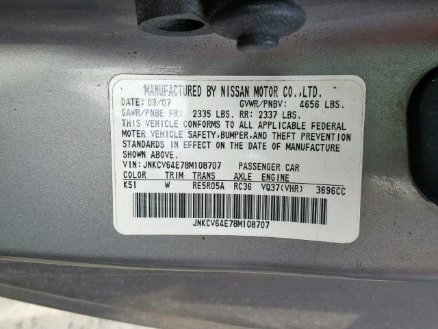 JNKCV64E78M108707 - 2008 INFINITI G37 BASE SILVER photo 10