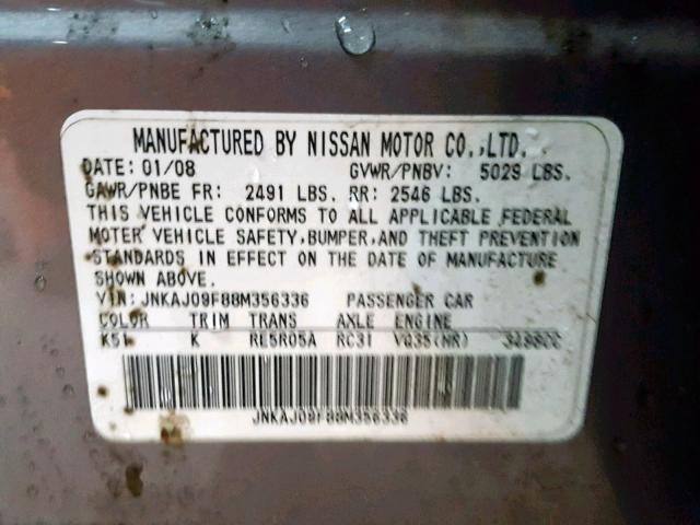 JNKAJ09F88M356336 - 2008 INFINITI EX35 BASE SILVER photo 10