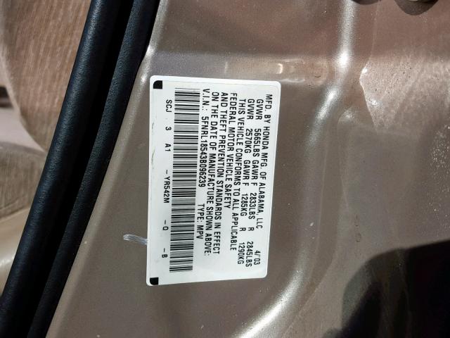 5FNRL18543B096239 - 2003 HONDA ODYSSEY LX BROWN photo 10