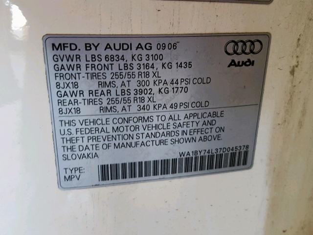 WA1BY74L37D045378 - 2007 AUDI Q7 3.6 QUA CREAM photo 10