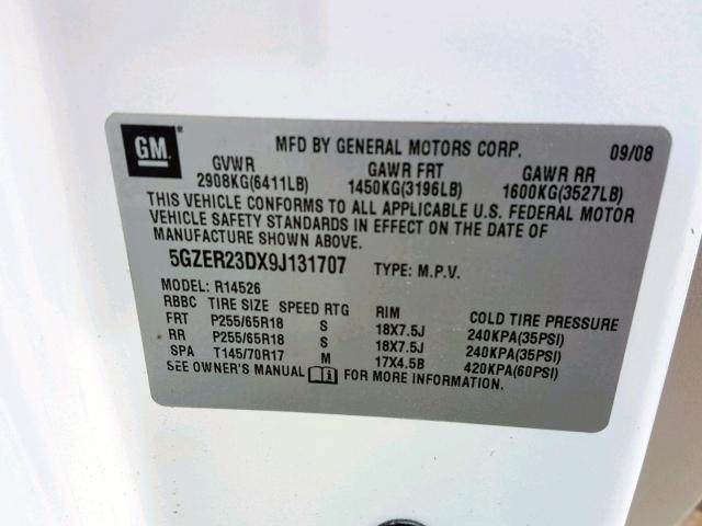 5GZER23DX9J131707 - 2009 SATURN OUTLOOK XR თეთრი ფოტო 10