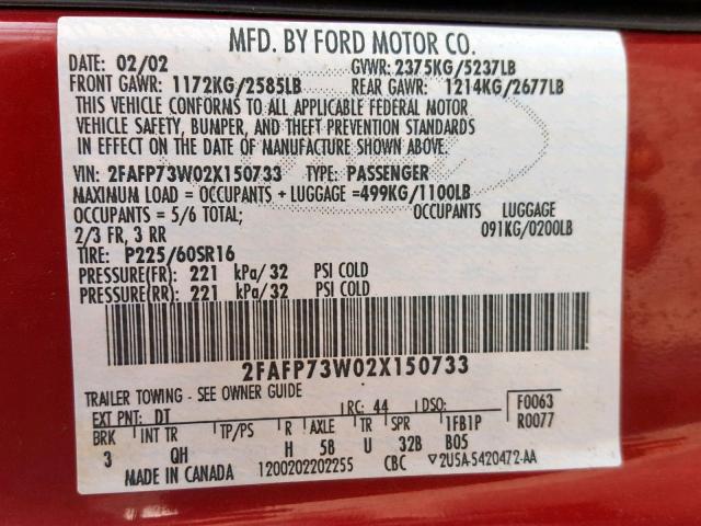 2FAFP73W02X150733 - 2002 FORD CROWN VICT RED photo 10