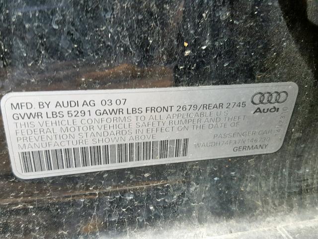 WAUDH74F37N146730 - 2007 AUDI A6 3.2 QUA BLACK photo 10